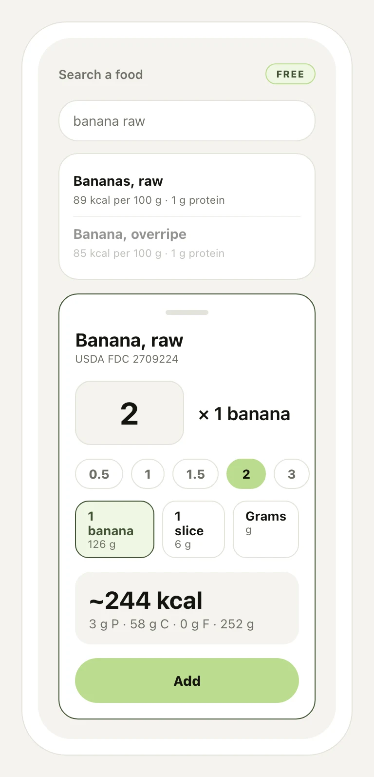 Kandro food search and portion controls